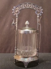 19 c Victorian Antique Silver Figural Pickle Castor Pattern Glass Jar Fork Stand picture