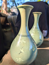 Korean Celadon Style Porcelain Vases Set of 2 with Crane Motif picture