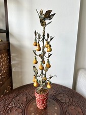 Vintage Tole Painted Metal Pear Tree Candle Holder Ceramic Fruit Italian Style picture