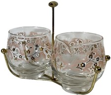 Vintage Libbey Pink Duchess Glass Cream & Sugar Set Caddy 22kt Gold Flowers picture