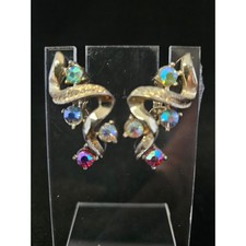 Vintage Coro Signed Aurora Borealis Rhinestone Clip On Earrings picture