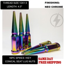 FIT DODGE NEON 4LUG 1994-06 SPIKE LUG NUT CONE SEAT 4.5'' 12x1.5 NEO CHROME 16PC picture