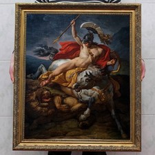 Hand Painted Oil Painting Ancient Warrior Fighting Lion on Horse Classical Myt picture