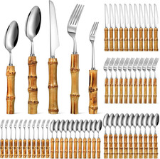 60 Pcs Bamboo Silverware Set 18/8 Stainless Steel Flatware Set picture