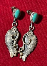 Vintage Navajo Sterling Silver Turquoise Feather Dangle Post Earrings Blue picture