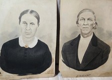 Antique Hand-Colored Crayon Portraits Husband & Wife Named Wright c.1880-1900 picture