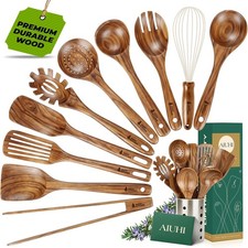 11-Piece Teak Wood Kitchen Utensil Set with Holder - Wooden Spoons, Spatulas, La picture