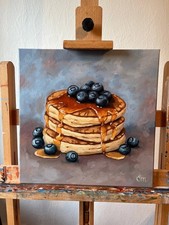 Pancakes still life original oil painting 16x16 in (40x40 cm) Realistic food art picture