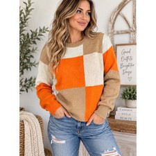 Philosophy Cashmere Women Orange Tan Colorblock Crewneck Sweater Size Large picture