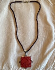 Vintage Sajen Sterling Silver Carved Cinnabar Rooster Pendant Garnet Necklace picture