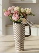 Checkered Tumbler and Artificial Flower Gift Set, Pink, 40 oz NIB picture