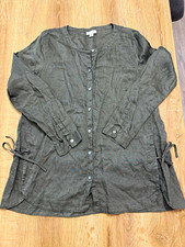 J. Jill Women's PM Petite Green Linen Button Front Tunic Blouse Long Sleeve picture