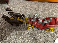 Vintage Cast Iron Horse-Drawn Farm Vehicle Toy Carriage w/ Horses Figures picture