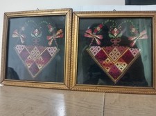 Vintage Handmade Embroidered Cross Stitch Floral Basket Framed Folk Art picture