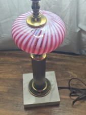 Vintage Pink & White Swirl Blown Art Glass Lamp Brass Marble 30” tall picture