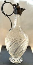 Vintage Cut Crystal Claret Jug Silver Plate Mount Hinged Lid Wine Ewer Star Base picture