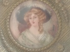 Antique Miniature Painting Portrait French Bronze Frame 3.75