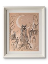 KYMA Original 9x12 Expressionist Cat Haunted House Sketch Signed Art On Paper picture