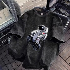 Vintage Washed Black Astronaut Graphic T-Shirt Oversized Cotton Streetwear Casua picture