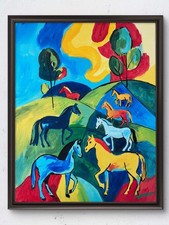 Fauvism Colorful Horses In Meadow Acrylic  Original Art 14x11 Canvas picture