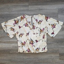 Sienna Sky Cream Floral Twist Back Smocked Waist Blouse Flutter Sleeve Large picture