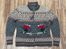 Vtg Lauren Ralph Lauren Womens Worsted Wool Apes Ski Gray Zip-Front Sweater M picture