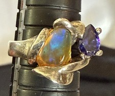 950 Silver Rare Jelly Fire Opal & Tanzanite Artisan Custom Ring Size 6.5 7.7g picture
