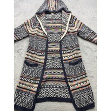 Monteau Los Angeles Womens Navy Fair Isle Geometric Longline Hooded Cardigan M picture