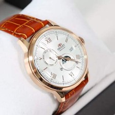 Orient Sun and Moon White Dial Men's Automatic Rose Gold Tone Watch RA-AK0801S30 picture