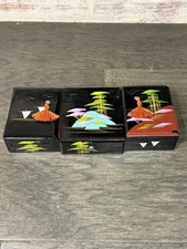 Vintage Japanese Black Lacquer Jewelry Box Pink Interior Pagoda Design Drawer picture