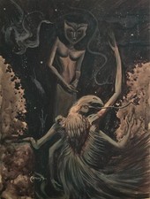 In the style of Leonora Carrington ink on cardboard, vintage, rare, picture