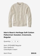 L.L.Bean Men’s Fisherman Cable Knit Crewneck Cotton Sweater Cream M PF514892 picture