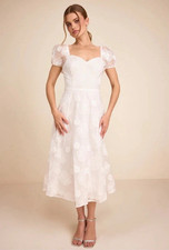 Lulus NEW Sweetest Behavior White Embroidered Puff Sleeve Midi Dress Size Medium picture
