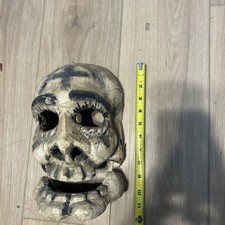 VINTAGE HAND-CARVED PAINTED WOODEN SKULL MASK-MEXICO-DIA DE LOS MUERTOS picture