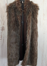 RXB Long Faux Fur Vest Womens M Brown Shaggy Knit Back Open Front Duster Gilet picture