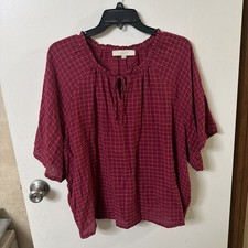 Loft Women's Blouse V Neck Tie Closure Ruffle Red Checked Flutter Sleeve Large picture