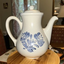 Vintage Pfaltzgraff Yorktowne Stoneware Coffee Tea Pot with Lid Blue Floral #490 picture