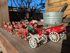 Vintage Cast Iron Coca Cola Horse Drawn Wagons With Umbrella & Cases (Read) picture