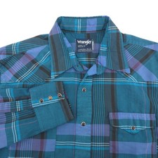 Wrangler Cowboy Cut Men 17.5 34 Western Pearl Snap Plaid long sleeve Teal Purple picture