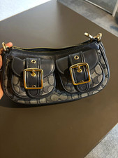 Coach Signature Shoulder Bag Black/Gray Zip Closure Buckle Accents Charm picture