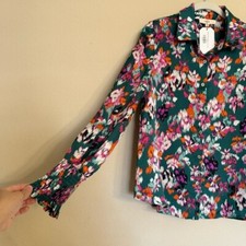 NEW Entro Sz M Watercolor Floral Long Sleeve Blouse Claudia Teal Green Print NWT picture