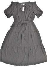 LOFT Dress Womens Medium Black Textured Tiered Short Sleeve V-Neck Midi NEW picture