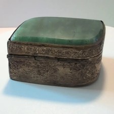 Antique Green Aventurine Quartz Stone Top Trinket Box Engraved Chinese Metal picture