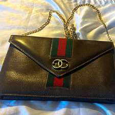 Gucci Women’s Brown Shoulder Bag Web Stripe Chain Strap Gold Hardware picture