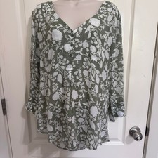 Fred David XL Sage Green Floral Blouse Women's Henley Boho Cottage NWT picture