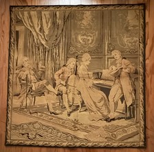 Antique French Rococo Revival Woven Tapestry Panel 37x38 Music Salon Scene Lined picture