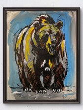 Original 14x11 Expressionist Grizzly Bear Charging Painting Signed Canvas picture