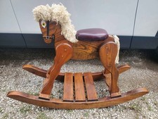 Vintage Handcrafted Wooden Rocking Horse Yarn Mane Padded Seat Folk Art Rustic picture
