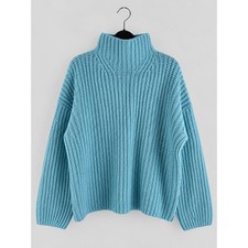 Vince Womens Blue Shaker Ribbed Knit Funnel Neck Pullover Sweater Large picture