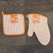Vintage 1970s KARIN Kitchen Helpers Oven Mitt Potholder Set Orange MCM NOS  picture